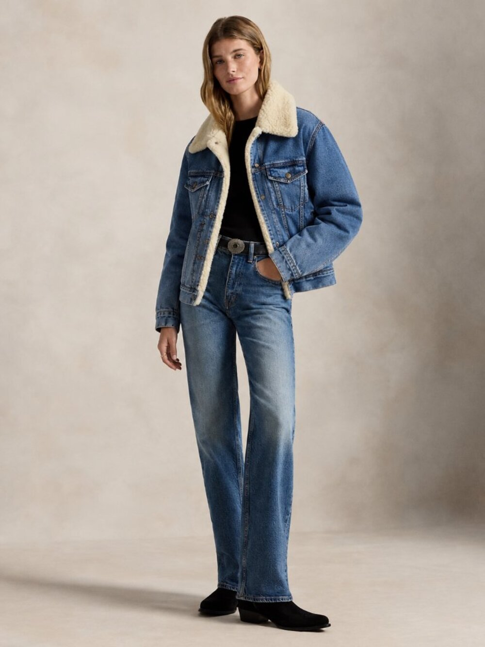 Lauren Jeans Co Ralph Lauren Trucker Shearling Lined Denim Jacket Small - Picture 2 of 5